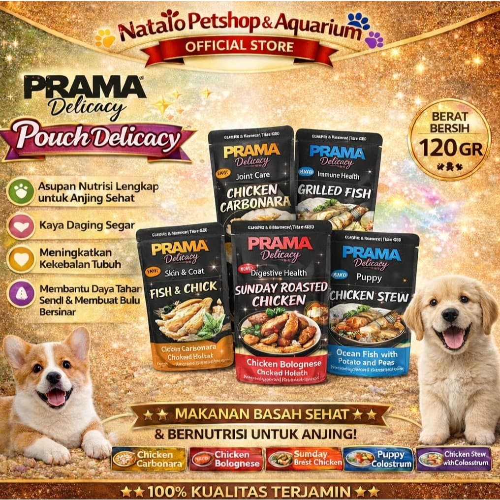 Prama Pouch 120GR Delicacy Minced / Chunk - Wet Dog Food Gravy - Makanan Basah Anjing Dewasa & Anak / Puppy Saset Sachet - Joint Immune / Digestive Health / Skin Coat 120 GR  / Chcicken Fish Ayam Ikan - gambar 1