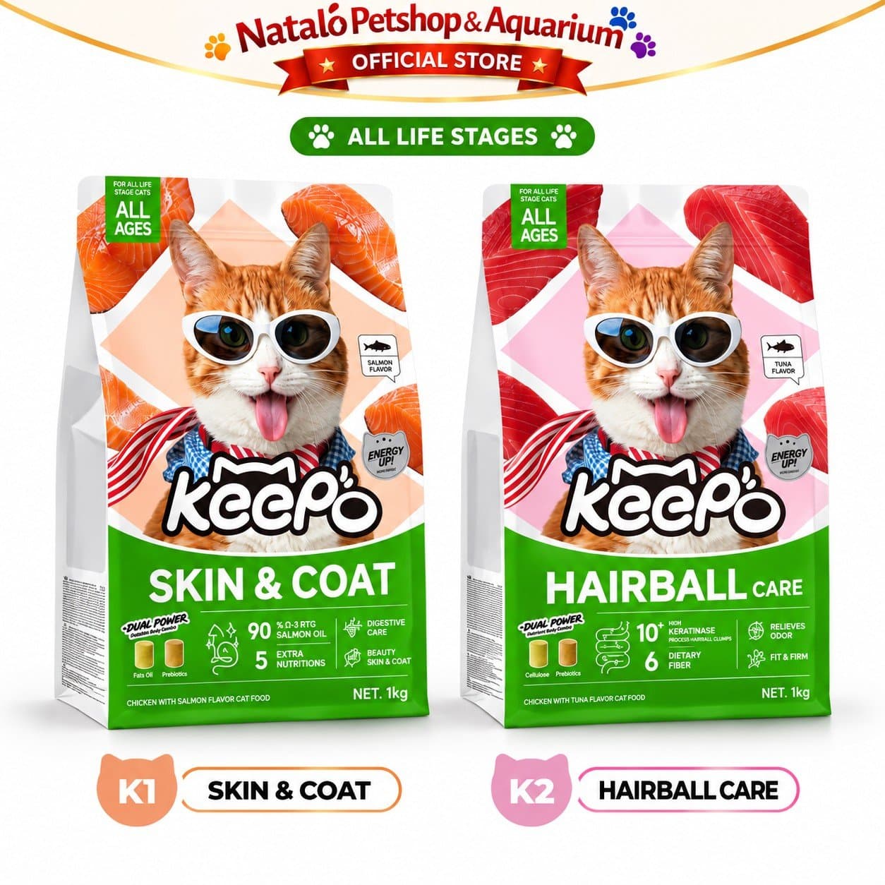 Keepo K1 Skin & Coat / K2 Hairball Care 1KG All Life Stages Dry Cat Food - Makanan Kucing Semua Tahap Usia / Umur untuk Kesehatan Bulu dan Kulit / Pencernaan 1 KG - gambar 6