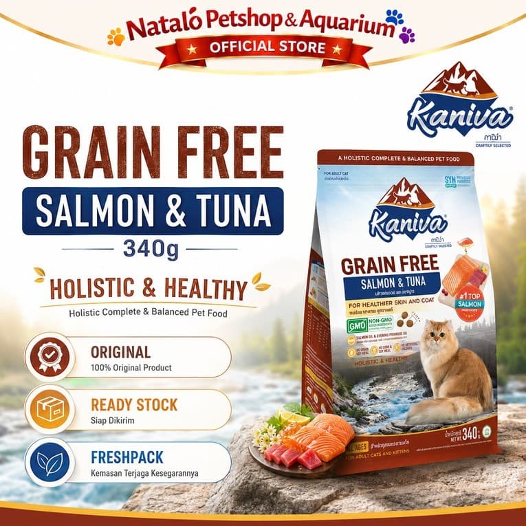 Kaniva Grain Free Salmon and Tuna 340GR Dry Cat Food - Holistic Healthy Skin & Coat - Premium Makanan Kucing Kering - Segala Usia Anak Dewasa Adult Kitten 340 GR - gambar 1