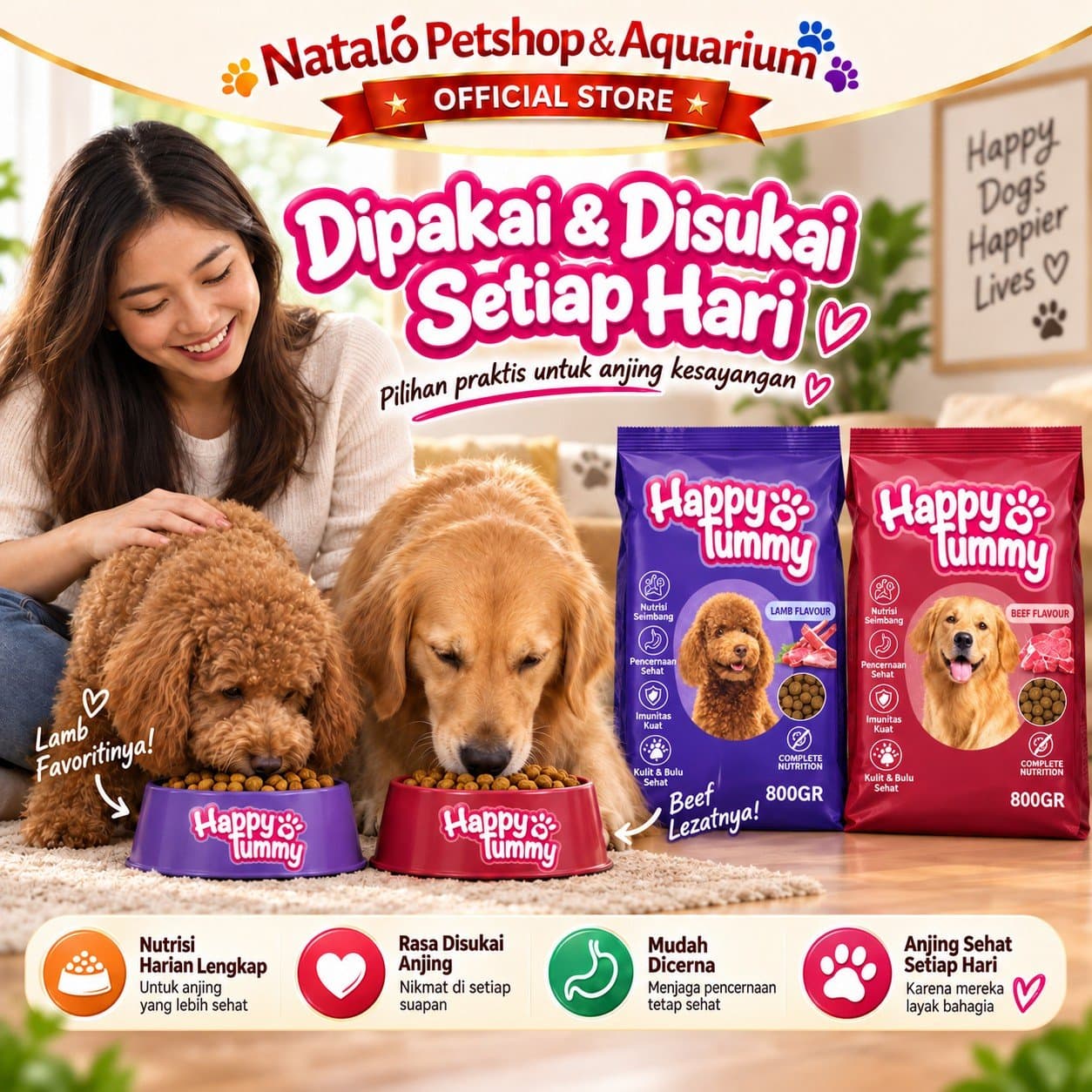 Happy Tummy Dry Adult Dog Food Beef / Lamb 800GR - Makanan Kering Anjing Dewasa 800 GR - gambar 5