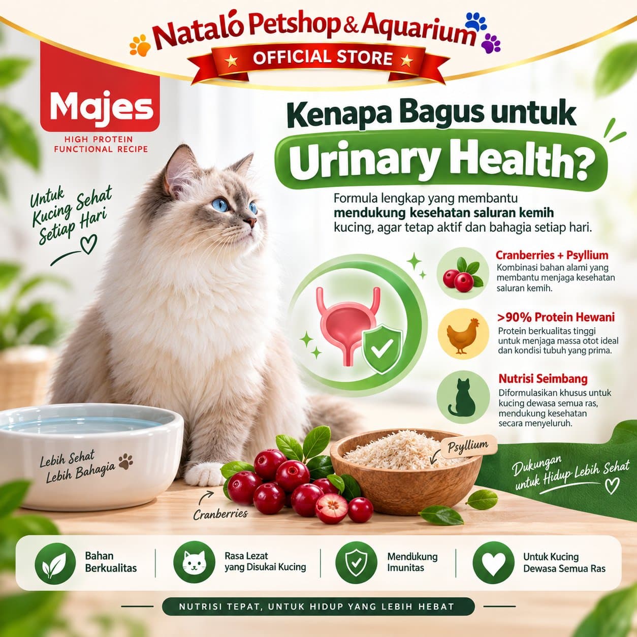 MAJES High Protein Urinary Health Chicken & Duck Feast 400GR / 1.2KG Adult Dry Cat Food - Makanan Kucing Dewasa untuk Kesehatan Saluran Kencing Kemih / Pecegahan FLUTD 400 GR / 1.2 KG - gambar 2