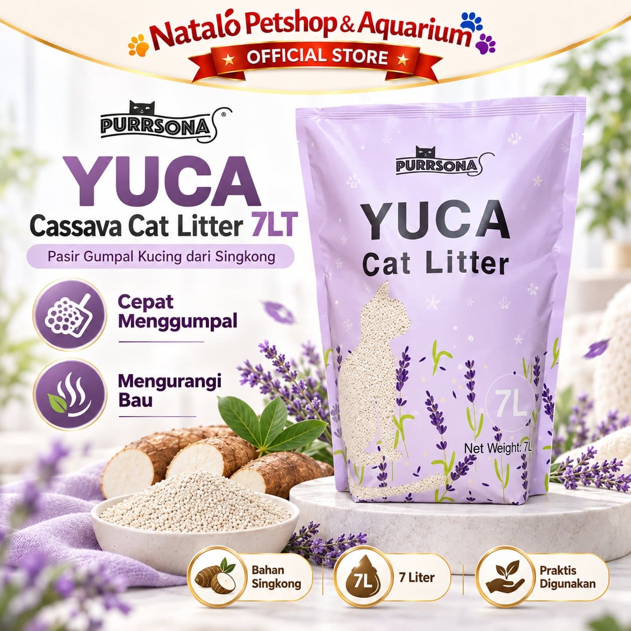 YUCA Cassava Cat Litter 7L Pasir Kucing Singkong Gumpal Cepat Menggumpal Pengurang Bau Pasir Kucing 7 Liter by Purrsona - gambar 1