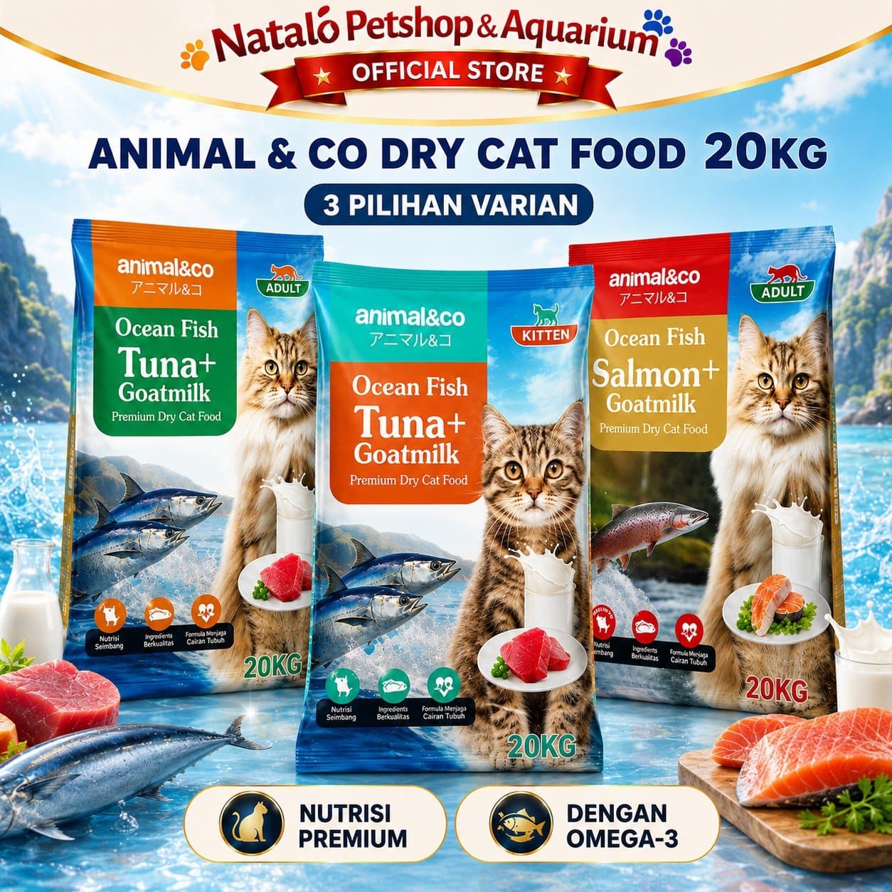Animal&Co Kitten & Adult Dry Cat Food 20KG (800gr x 25pack) - Makanan Kering Kucing Anak Dewasa 20 KG - gambar 1