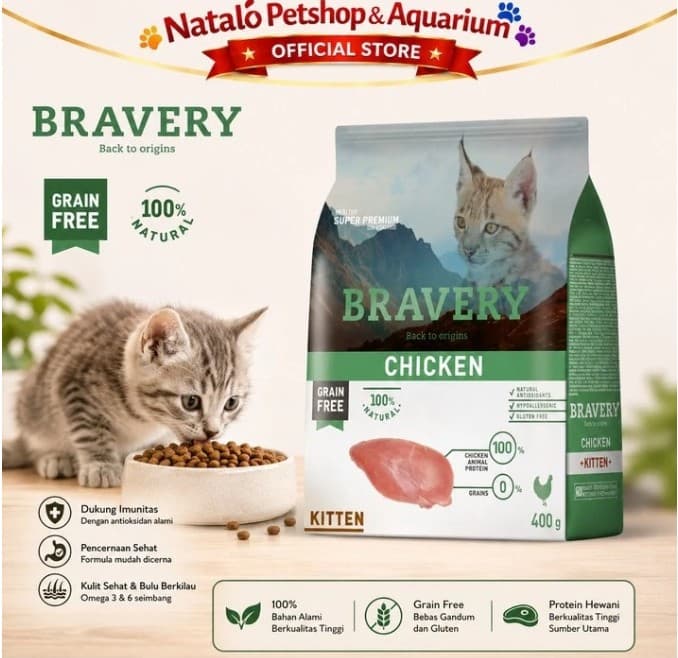 Bravery Kitten Chicken 400GR Dry Cat Food Makanan Kering Anak Kucing Super Premium - gambar 1