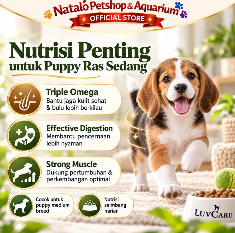 Luv Care Puppy Medium Breed Triple Omega 2KG Makanan Anjing Puppy Dry Food Kulit Bulu Pencernaan - gambar 2