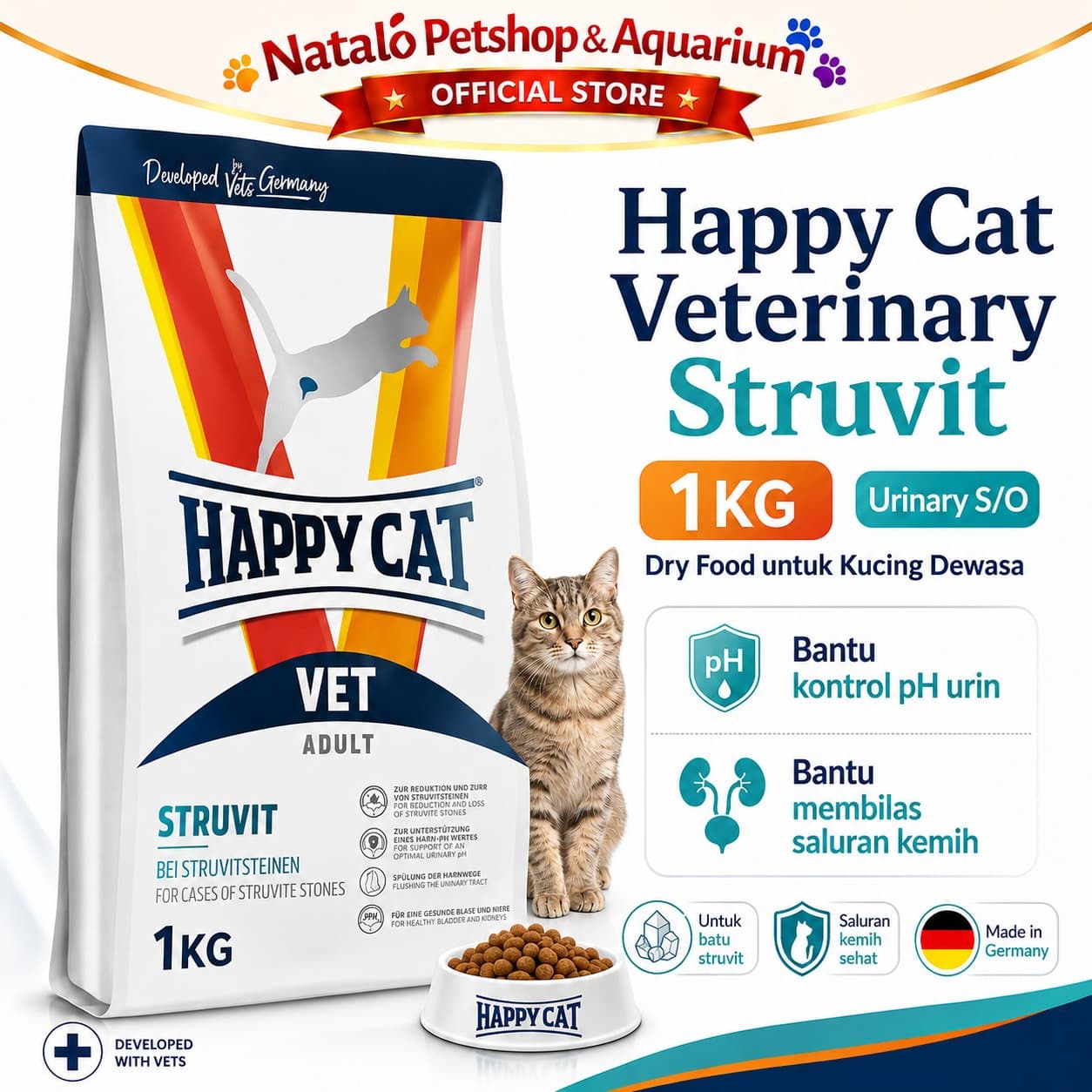 Happy Cat Vet Struvit 1KG Urinary S/O Adult Cat Food - Makanan Kucing Dewasa untuk Pengobatan Saluran Kencing Kemih FLUTD 1 KG - gambar 1
