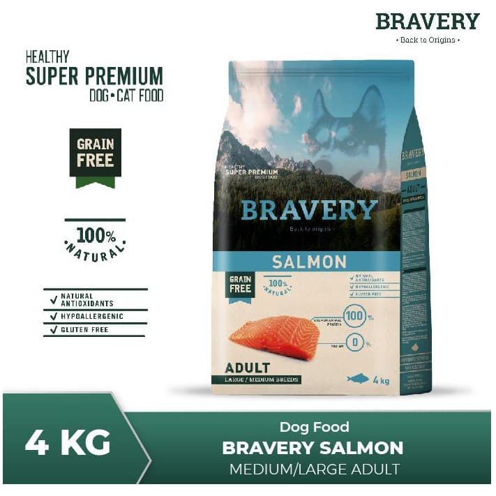 Bravery Medium/Large Adult Dog SALMON 4KG Makanan Anjing Super Premium Pelet Food - gambar 2