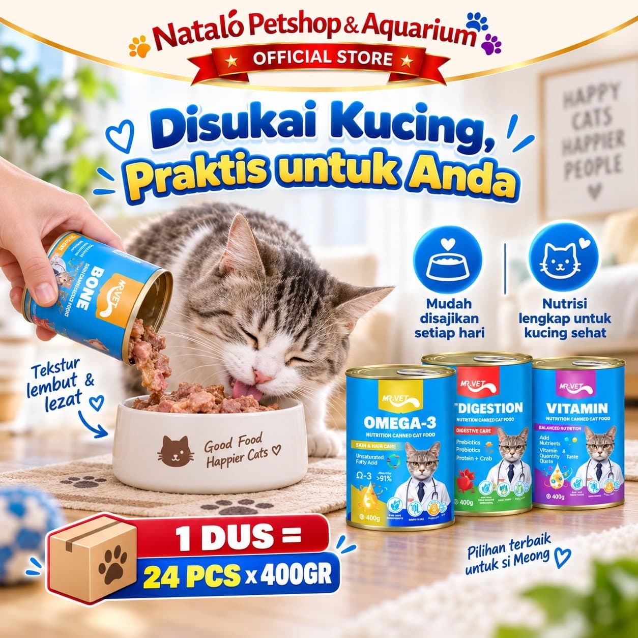 Mr. Vet Cat Can All Life Stages Functional Wet Food 1 DUS (24pcs x 400gr) - Makanan Basah Kaleng Kucing Mr.Vet Semua Tahap Usia Fungsional Kesehatan - gambar 5