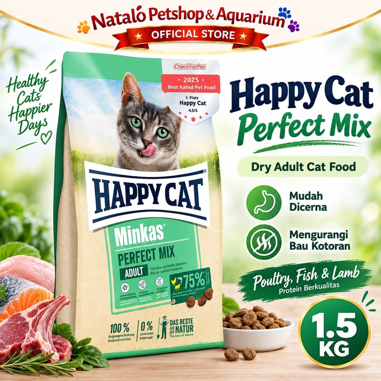 Happy Cat Minkas Perfect Mix 1.5KG Adult Dry Cat Food - Makanan Kering Kucing Dewasa Premium 1.5 KG