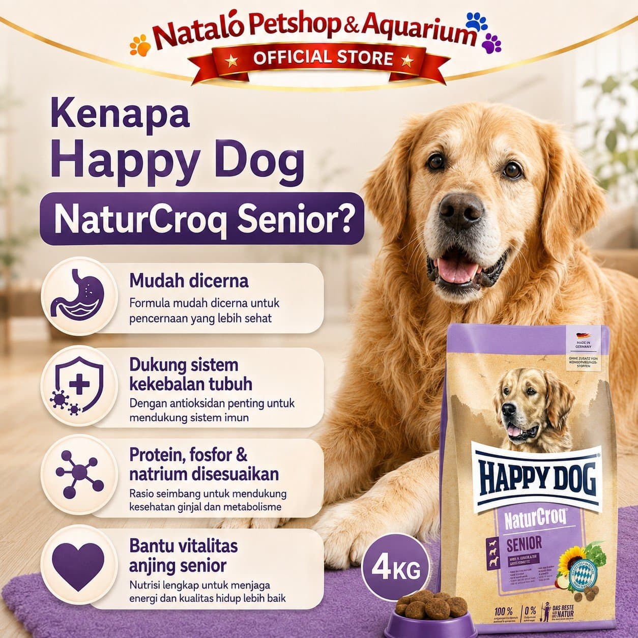 Happy Dog NaturCroq Senior 15KG Medium Large Breed Dog Food - Makanan Anjing Tua / Berumur Ras Besar 15 KG - gambar 2