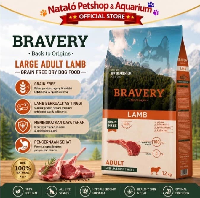Bravery Medium/Large Adult Dog LAMB 12KG Makanan Anjing Super Premium Pelet - gambar 1