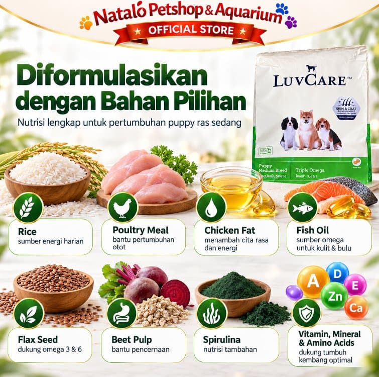 Luv Care Puppy Medium Breed Triple Omega 9KG Dog Food Makanan Anjing Kering Puppy Kulit Bulu Pencernaan - gambar 3