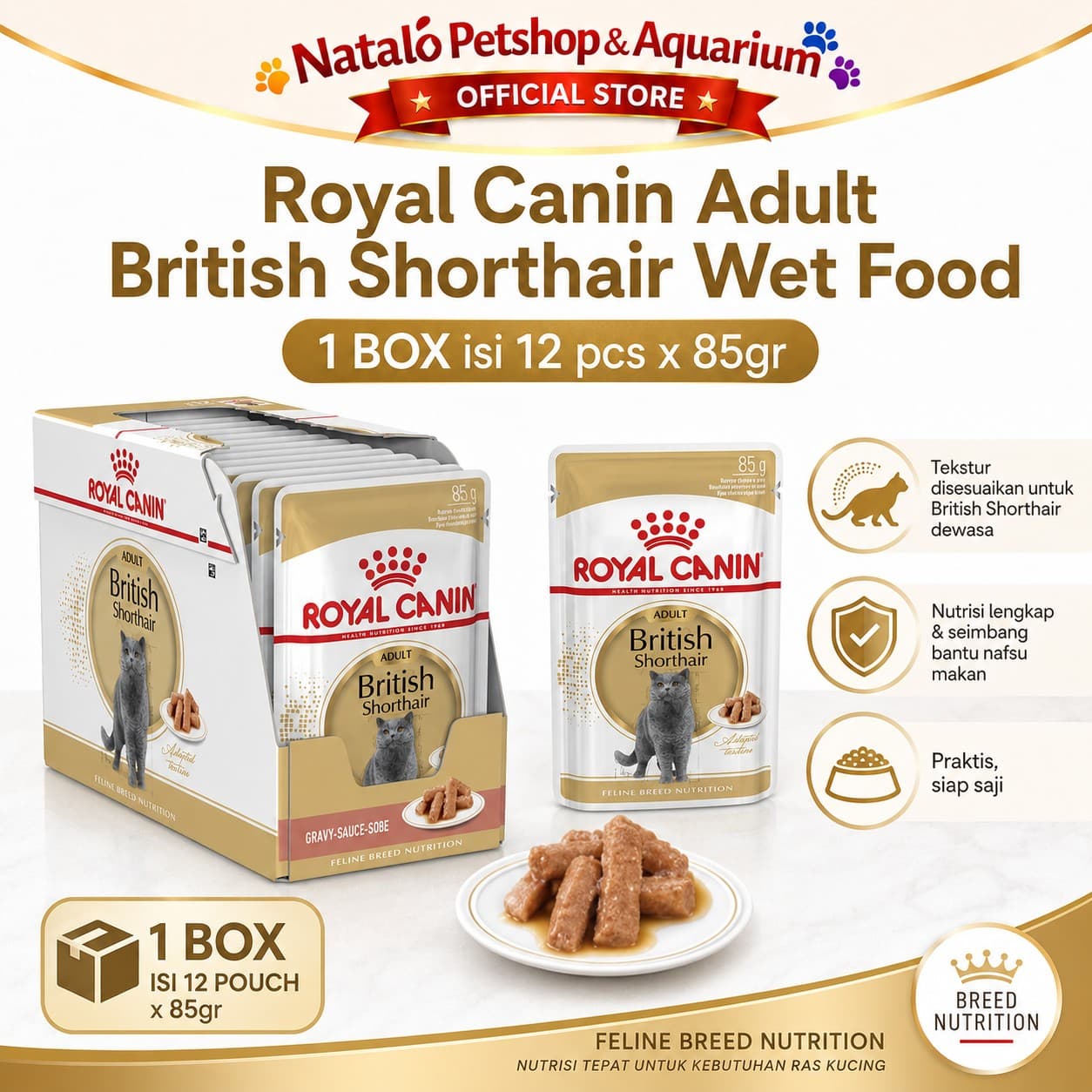 Royal Canin Adult British Shorthair Pouch Wet Food 1 BOX isi (12pcs X 85gr) - Makanan Basah Saset Kucing - gambar 1