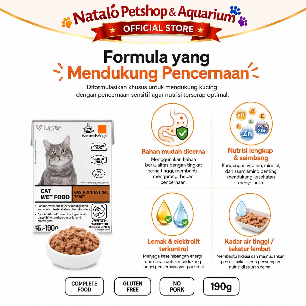 Nature Bridge Gastrointestinal Tract Complete Cat Wet Food 190GR Intestinal - Makanan Basah Kucing untuk Infeksi Saluran Pencernaan  / Diare 190 GR - gambar 4