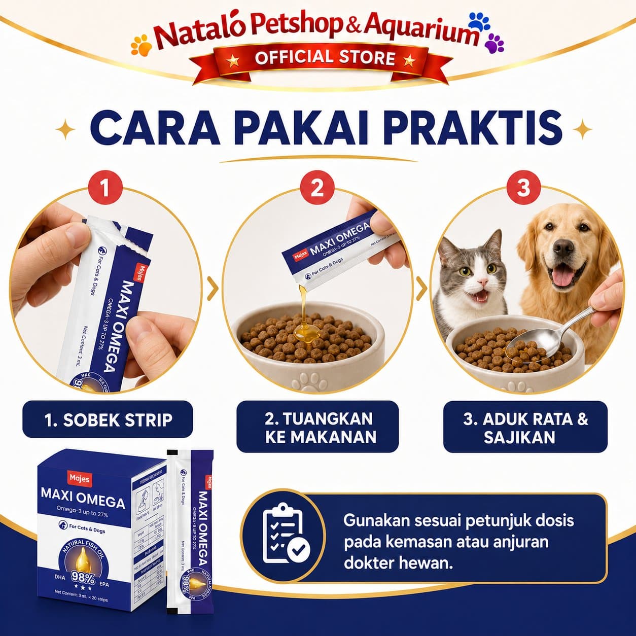 Majes Maxi Omega Natural Fish Oil Pet Supplements - Minyak Ikan Super Premium untuk Kucing dan Anjing 1box isi 20Sachet - gambar 4