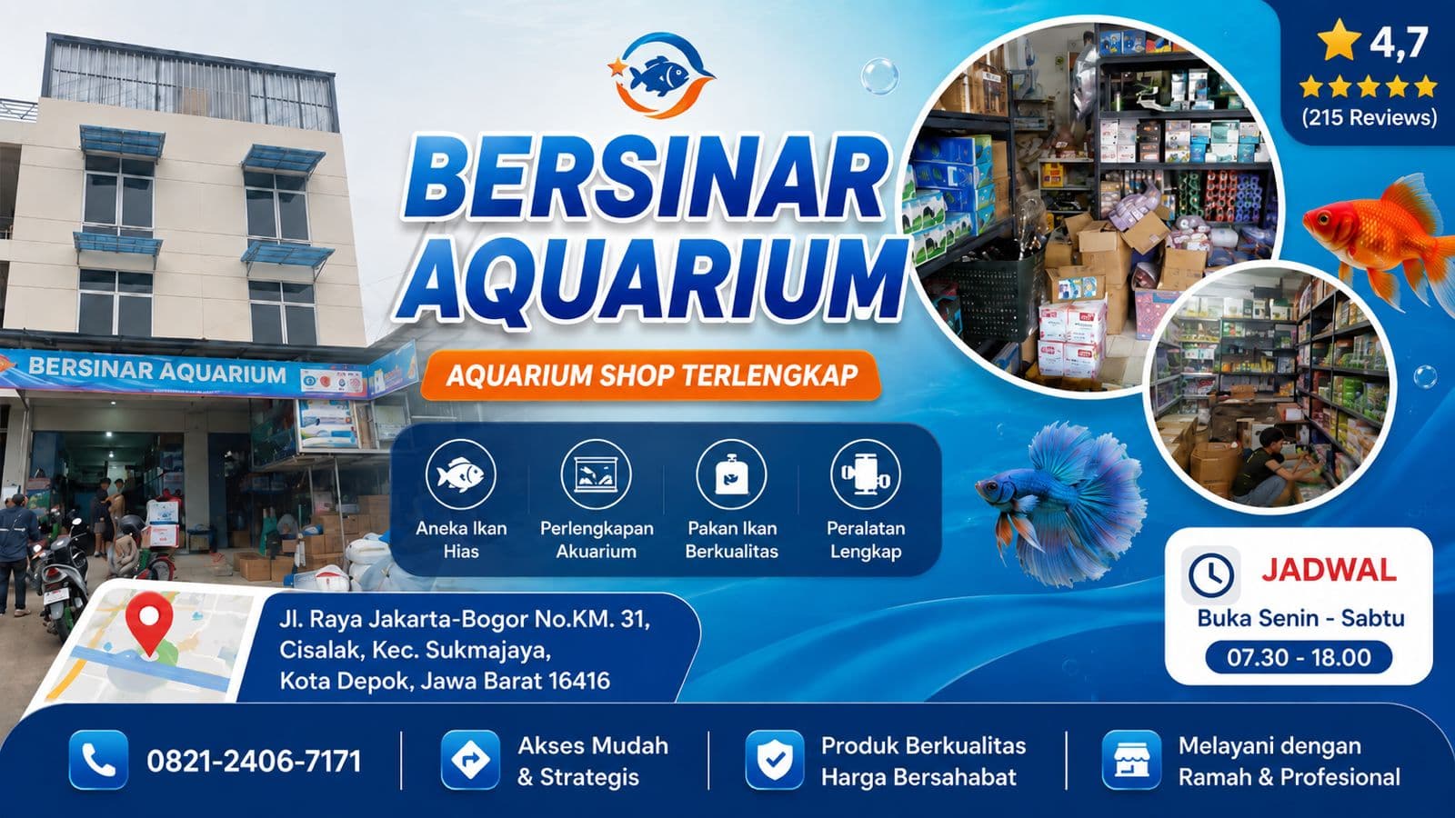 Bersinar Aquarium — Aquarium Shop Terlengkap. Aneka ikan hias, perlengkapan akuarium, pakan, dan peralatan lengkap.