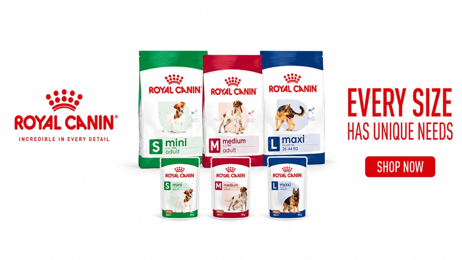 Royal Canin — Every Size Has Unique Needs. Pakan anjing S/M/L tersedia di Natalo.